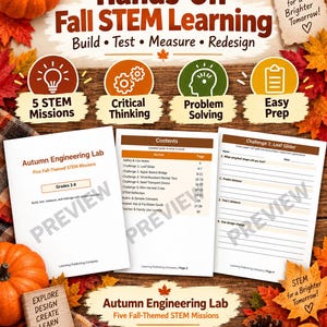 May include: A Hands-On Fall STEM Learning educational resource featuring five missions, critical thinking, and problem-solving activities. Includes an Autumn Engineering Lab guide with a contents page and a challenge worksheet for grades 3-8.