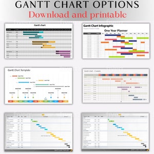 Puede incluir: Una colección de plantillas de diagrama de Gantt para la gestión de proyectos. Los diagramas son coloridos e incluyen una variedad de diseños, incluyendo un planificador anual, un diagrama de cuatro semanas y una plantilla con hitos.