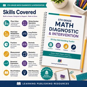 May include: A spiral-bound 5th Grade Math Diagnostic & Intervention workbook with a white cover featuring blue and purple text. The cover lists skills like place value, fractions, and geometry, alongside icons for diagnose, intervene, monitor, and succeed.