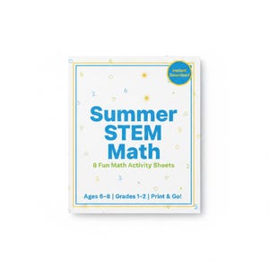 May include: A white sheet with blue and yellow accents features the text "Summer STEM Math." The sheet includes the text "8 Fun Math Activity Sheets" and "Ages 6-8 | Grades 1-2 | Print & Go!" A blue circle with the words "Instant Download" is in the upper right corner.