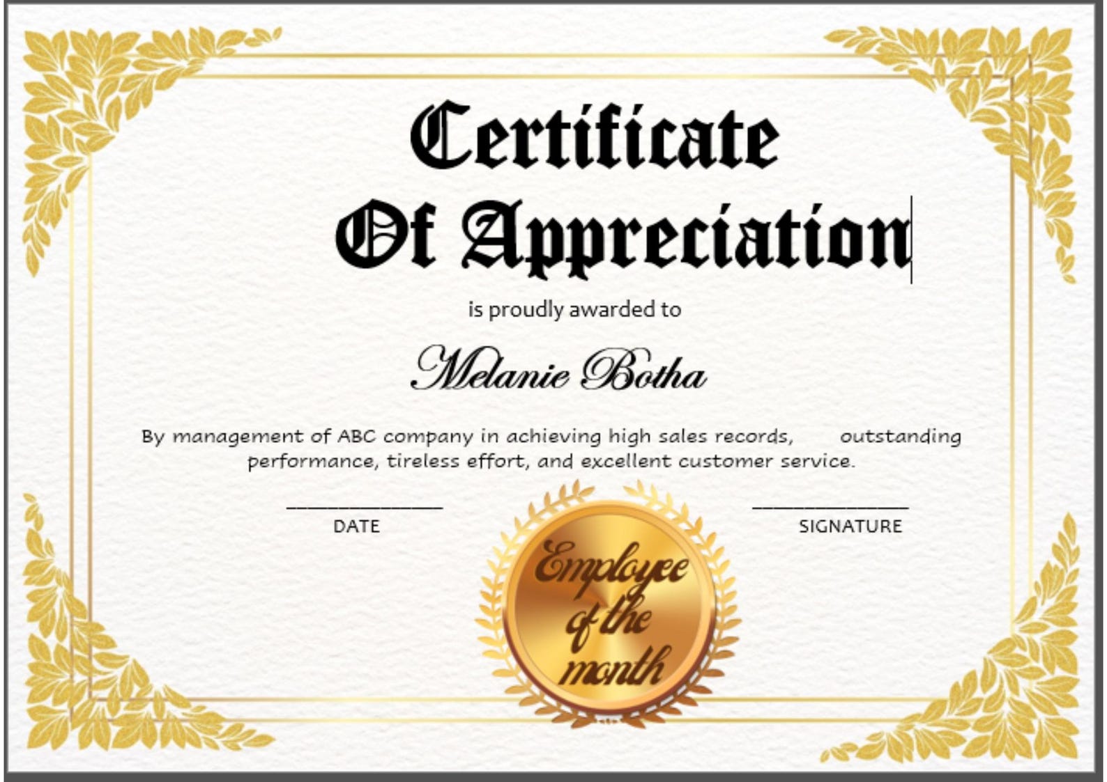 Employee of the Month Microsoft Word Template Landscape With Customized