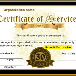 30 Years of service | Editable Microsoft word certificate template | Landscape