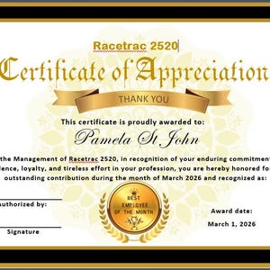 Racetrac 2520 | March 2026 Employee of the month | Editable Microsoft certificate template | Landscape