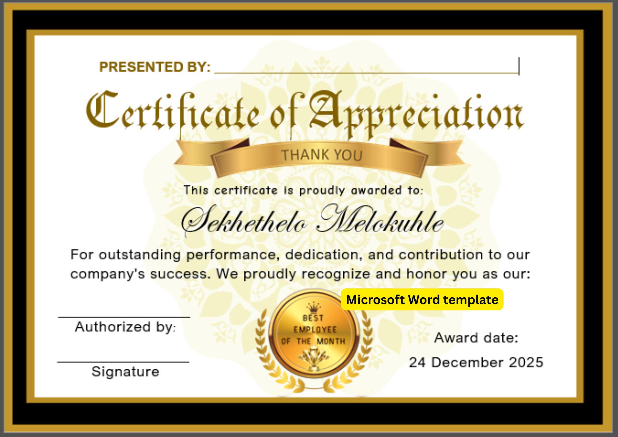 Employee of the Month | Certificate of Appreciation | Editable Microsoft  Word template | landscape, image size:2000x1414
