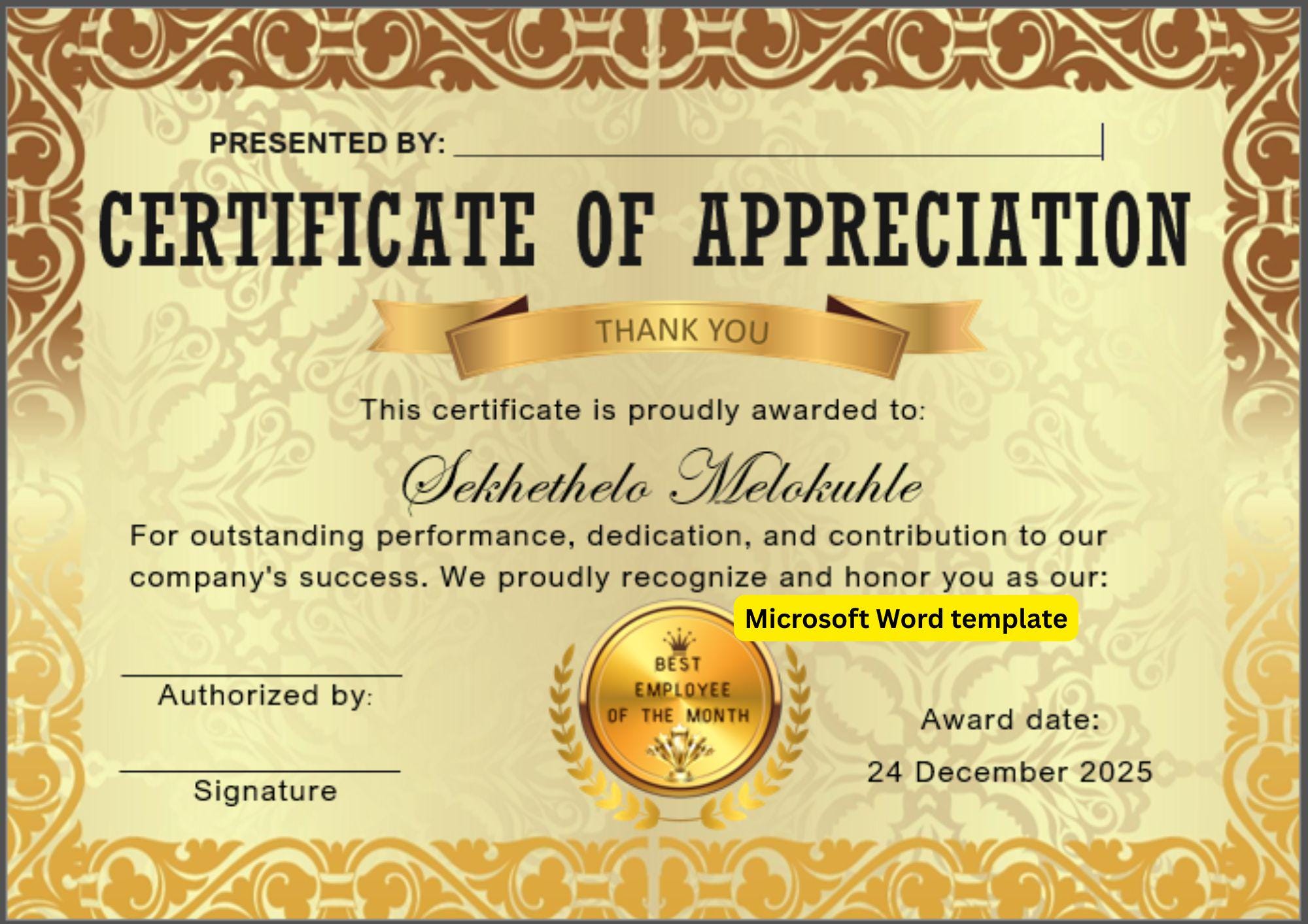 Template For Certificate Of Appreciation In Microsoft Word