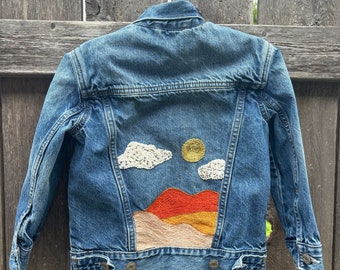 Custom Hand Embroidered “desert landscape” Denim jacket kids XS