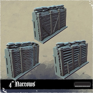 May include: Three miniature gray and brown trench fortifications. Each has a wooden structure with sandbags on top. The text "4" Narrows" is at the bottom of the image.