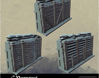 May include: Three miniature gray and brown trench fortifications. Each has a wooden structure with sandbags on top. The text "4" Narrows" is at the bottom of the image.