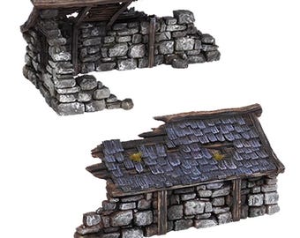 Verwoest middeleeuws huis, 3D-geprint miniatuurterrein