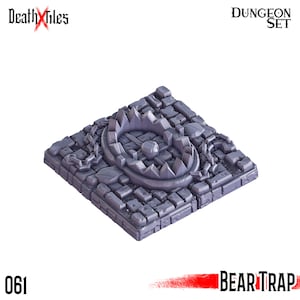 May include: A gray plastic dungeon tile with a bear trap in the center. The tile is textured to look like stone and has a chain around the trap. The tile is labeled "061" and "Bear Trap".