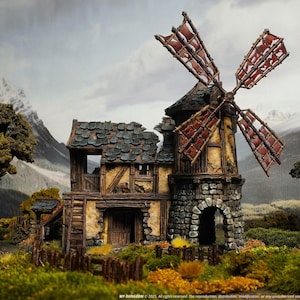 May include: A miniature stone windmill with a weathered wooden roof and red sails. The windmill is partially destroyed, with a section of the roof missing. The windmill is set against a backdrop of snow-capped mountains and green trees.