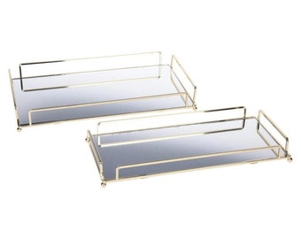 2 Piece Gold Mirror Decorative Tray Rectangular Gold Mirror Trays