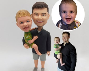 Custom Clay Bobbleheads Father And Son, Meaningful Artwork, Custom Kids And Dad Statues,Father's Day unforgettable,personalized bobbleheads