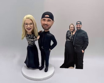Custom Couple Bobblehead Figurine in Black Outfits for Personalized Gift and Special Occasion Keepsake