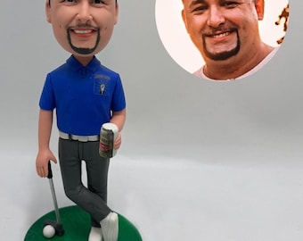Custom Golf Bobblehead Holding Drink with Relaxed Lean Pose on Green and Sporty Keepsake