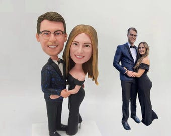 Custom Formal Couple Bobblehead Figurine in Black Outfits for Personalized Gift and Special Occasion