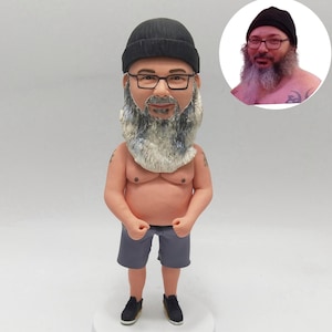 May include: A custom figurine of a man wearing a black beanie and glasses, with a long, grey beard. He is dressed in grey shorts and black trainers. A smaller image of the man is in the background. The figurine stands on a white circular base.