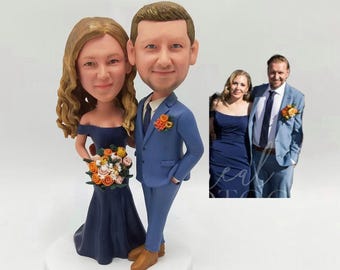 Custom Elegant Couple Bobblehead in Formal Blue Attire with Bouquet and Romantic Celebration Keepsake