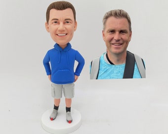 Custom Casual Man Bobblehead Wearing Blue Hoodie for Personalized Gift and Everyday Keepsake Figurine