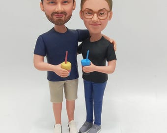 Custom Couple Bobblehead Holding Drinks with Sweet Hug Pose and Romantic Proposal Keepsake Moment