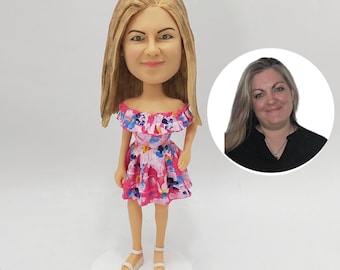 Custom Woman Bobblehead in Floral Dress Personalized Figurine for Ladies Portrait Art Display