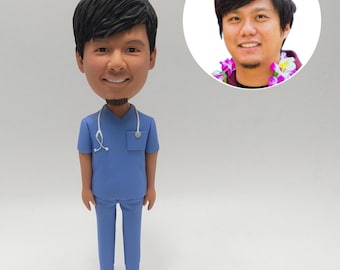 Custom Male Nurse Bobblehead – Personalized Scrubs Nurse Gift With Stethoscope Made From Photo