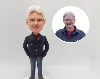 Custom Older Man Bobblehead with Glasses in Casual Jacket Pose as Warm Family Keepsake