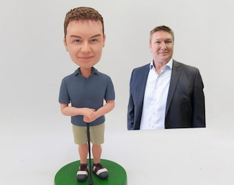 Custom Golf Player Bobblehead Holding Club On Green Base Personalized Handmade Sports Figurine Decoration