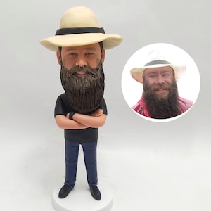 Peut inclure: Une figurine personnalisée d'une personne portant un chapeau beige, une chemise noire, un jean bleu et une barbe brune. La figurine est debout, les bras croisés, et sourit. Une photo de la personne est visible en arrière-plan.