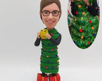 Custom Christmas Tree Costume Bobblehead Holding Cup Funny Holiday Figurine Personalized Celebration Decoration Doll