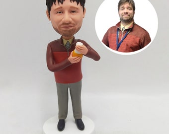 Custom Man Bobblehead Holding Mug in Cozy Sweater with Gentle Smile and Personal Keepsake