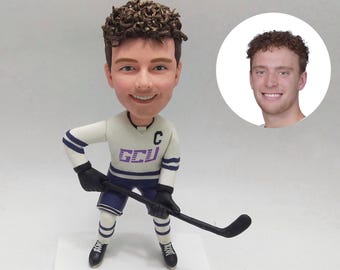 Custom Hockey Captain Bobblehead in Team Uniform for Athlete Celebration and Ice Sports Keepsake