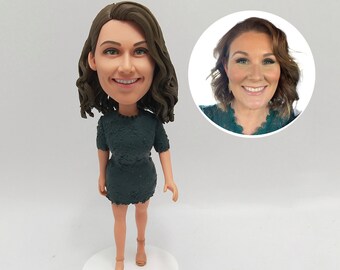 Custom Woman Bobblehead in Elegant Dress with Sweet Smile and Personalized Portrait Keepsake