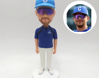 Custom Baseball Coach Bobblehead – Personalized Gift with Cap, Sunglasses, Jersey and Sporty Team Style Base