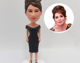 Custom Elegant Woman Bobblehead in Black Dress for Personalized Gift and Special Event Keepsake