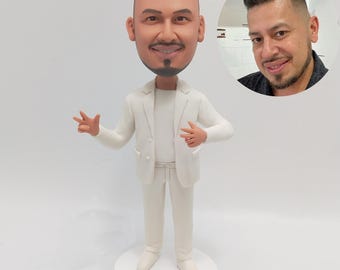 Custom Stylish Man Bobblehead in All White Suit with Confident Pose and Modern Keepsake
