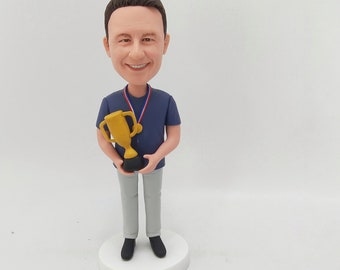 Custom Award Winner Bobblehead with Trophy and Medal in Proud Pose Achievement Keepsake