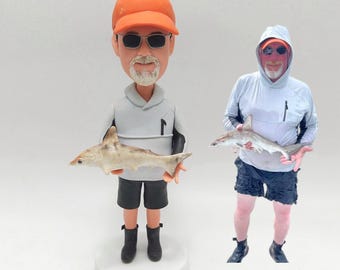 Custom Fisherman Bobblehead Holding Fish Figurine Personalized Angler Gift for Father Birthday