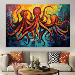 Colorful Octopus Canvas Wall Art – Abstract Marine Ocean Animal Painting, Nautical Coastal Decor, Modern Sea Life Print, Framed or Rolled