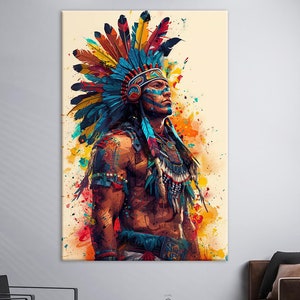 Native Warrior Canvas Print, Colorful Tribal Art, American Indian Wall Decor, Modern Ethnic Wall Art