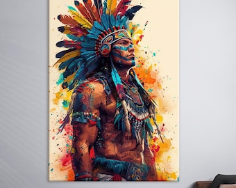 Native Warrior Canvas Print, Colorful Tribal Art, American Indian Wall Decor, Modern Ethnic Wall Art
