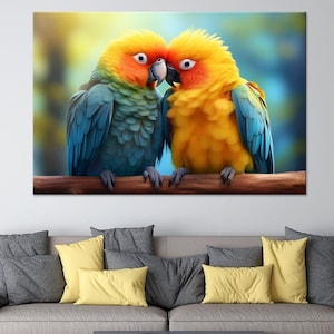 Colorful Parrots Canvas Print, Tropical Bird Wall Art, Vibrant Wildlife Artwork, Love Wall Art, Bird Lover Gift, Home Decor Wall Art