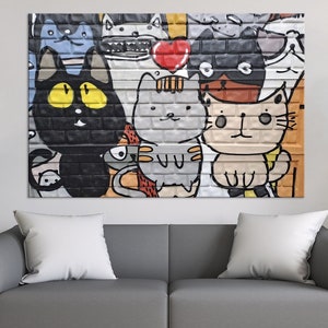 Colorful Cat and Dogs Graffiti Canvas Print, Street Art Style, Modern Home Decor Wall Art