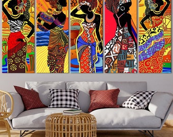 African Women Canvas Wall Art Set, Vibrant Tribal Artwork, Multicolor Modern Home Decor, Afrocentric Wall Panels, Ethnic Art for Living Room