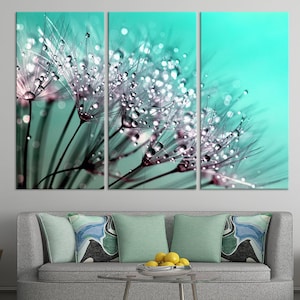 Dandelion Dewdrops Canvas Print – Close-Up Floral Photography with Turquoise Background, Rolled or Stretched Botanical Wall Art