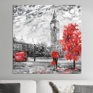 Romantic London Street Scene Print – Red Umbrella Wall Art – Big Ben Black and White Canvas – UK Couple Rainy Day Cityscape Decor