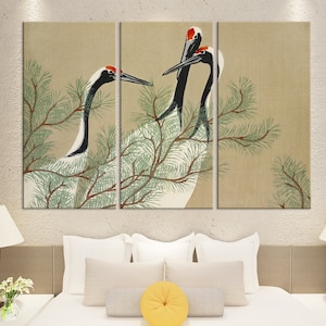 Japanese Crane Painting Canvas Print – Traditional Nature-Inspired Wall Art, Rolled or Stretched Canvas for Zen or Minimalist Decor