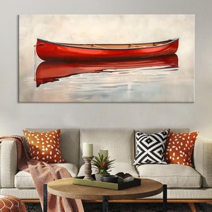 Red Canoe on Calm Water – Minimalist Boat Wall Art Print – Tranquil Nautical Decor, Lake and River Artwork, Rolled or Framed
