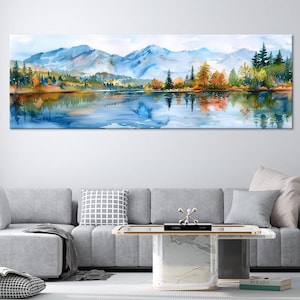 Panoramic Mountain Lake Watercolor Wall Art – Scenic Landscape with Autumn Trees & Reflections for Nature-Inspired Decor
