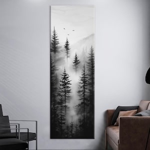 Vertical Misty Pine Forest Black and White Wall Art | Tall Narrow Woodland Landscape Canvas Print | Minimalist Rustic Nature Decor